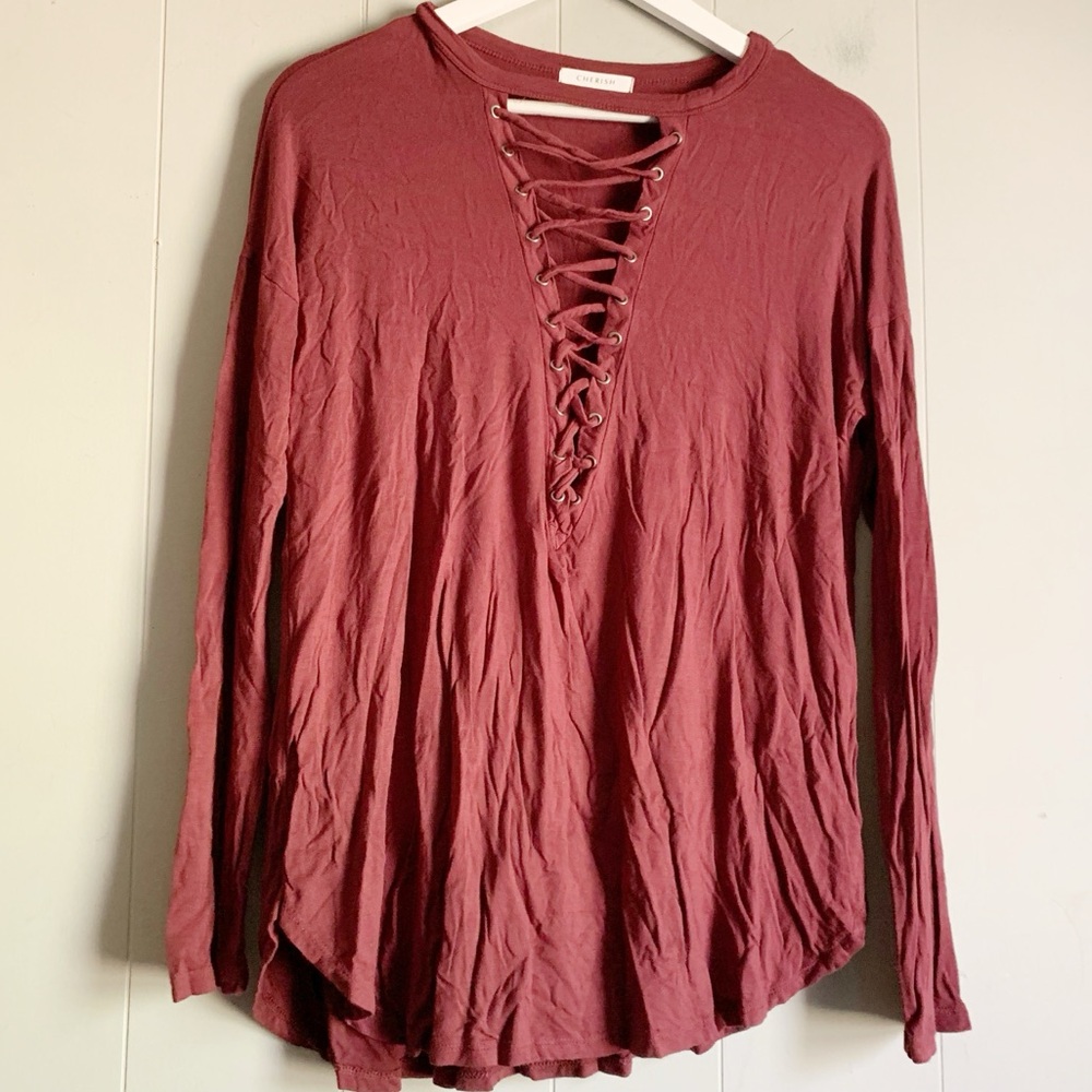 Cherish Rust Lace Up V neck Corset Detail Top M